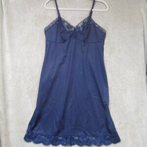 Vintage Vanity Fair Slip Dress 36 Navy Blue Nylon Lace Lingerie